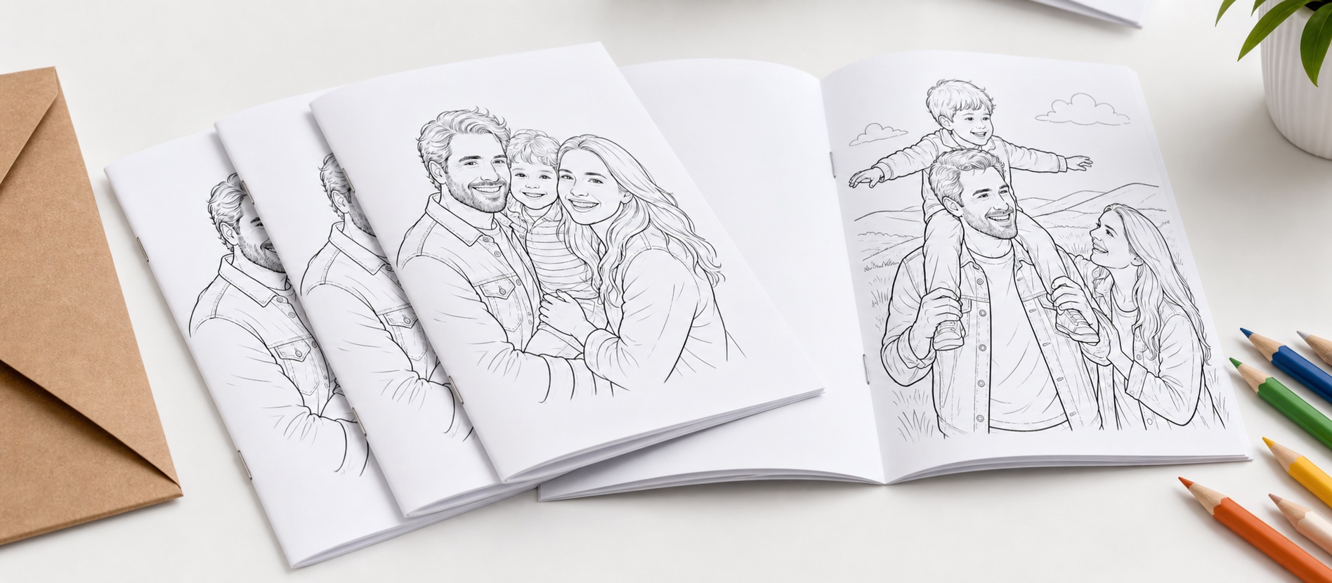 Three thin Lulu-style saddle-stitched custom family coloring booklet options