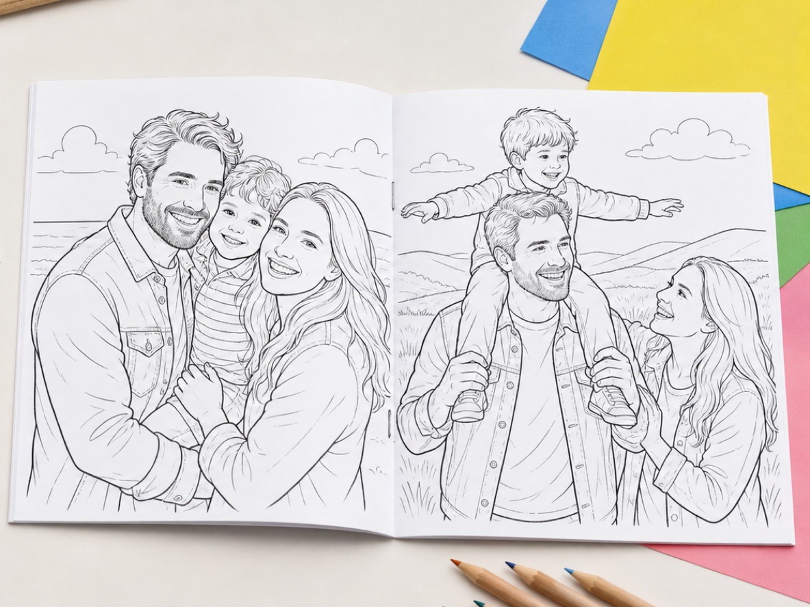 Family photos transformed into coloring page illustrations